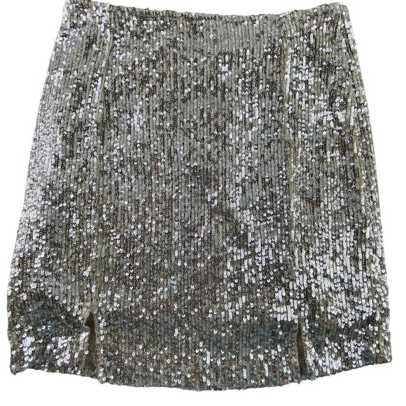 Love on a hanger silver sequin slit front mini skirt, 3 - Picture 1 of 10